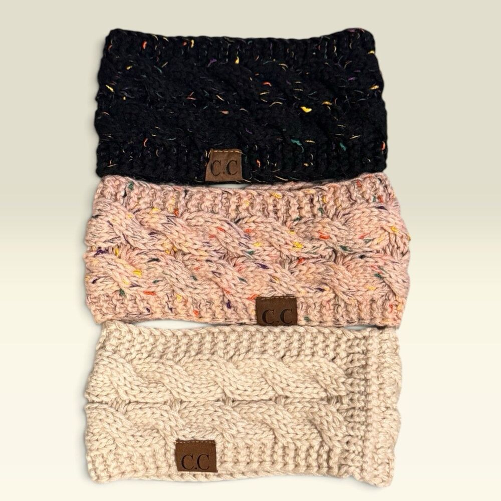 C Cable Knit Headband Ear Warmer Bundle 3-Pack Black Confetti Pink Beige